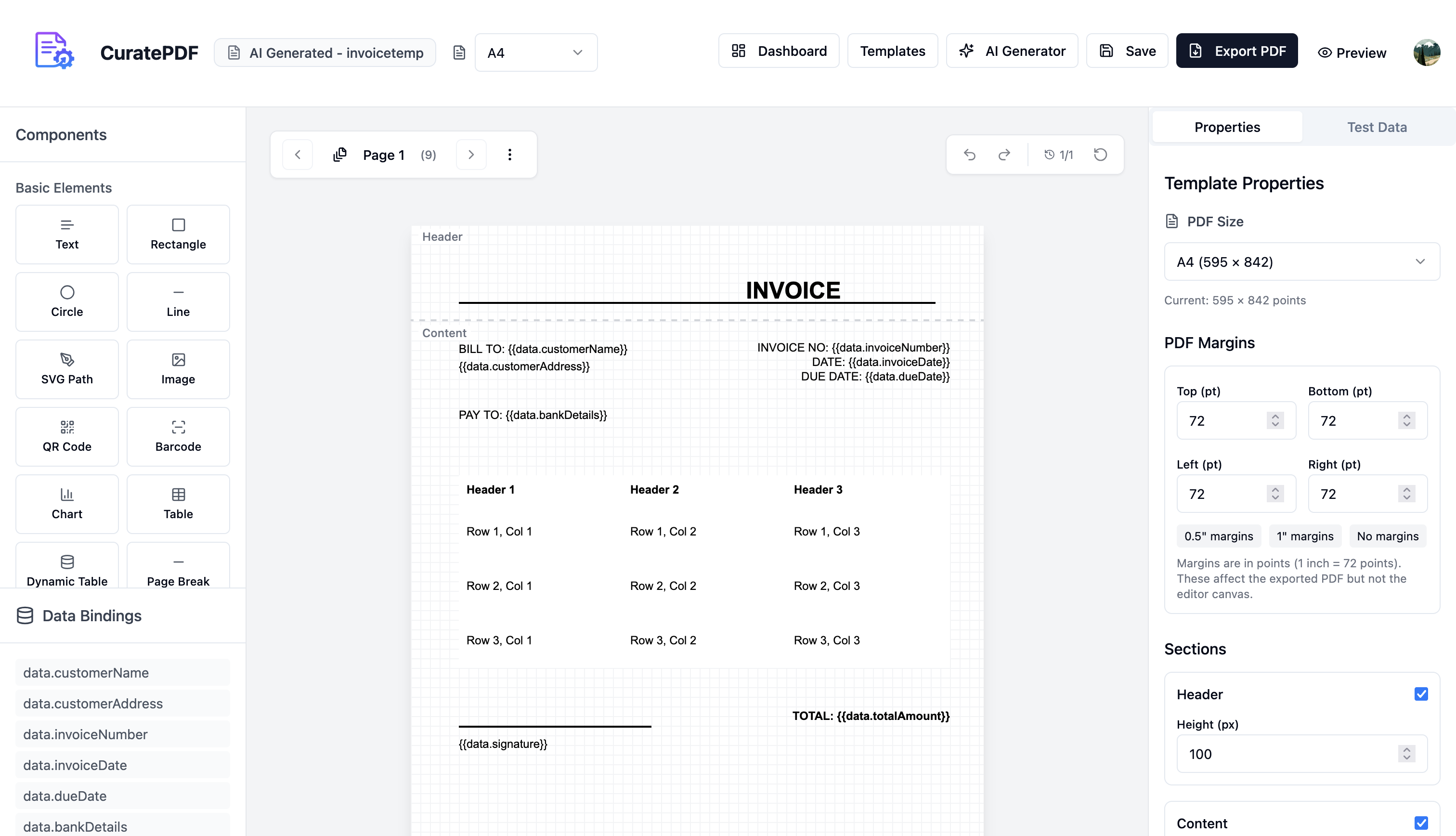 CuratePDF Interface - Create Professional PDFs with Drag & Drop CuratePDF Professional PDF Editor Interface - Drag and drop PDF creation tool showing template design, data binding, and document preview features